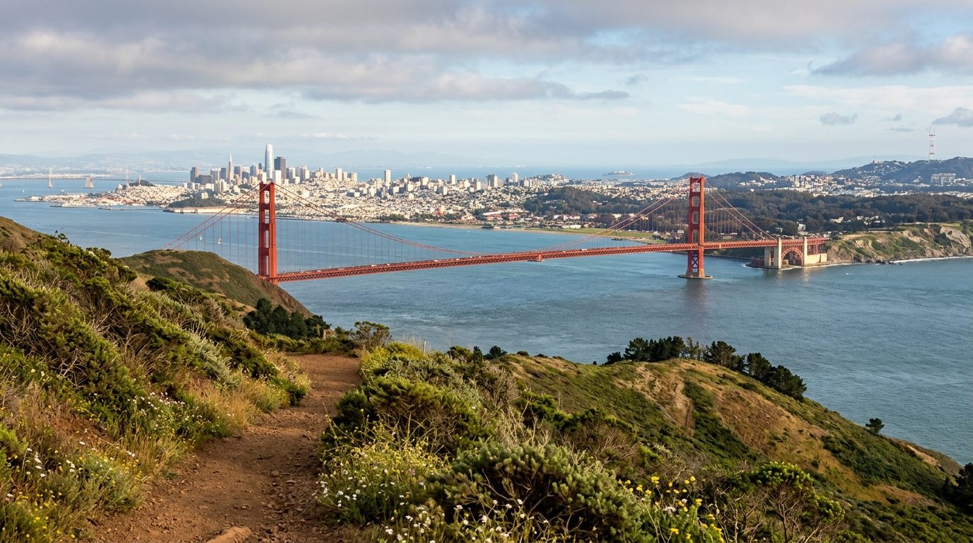 Moving from San Francisco to Marin: the San Francisco skyline seen from a Marin County hillside