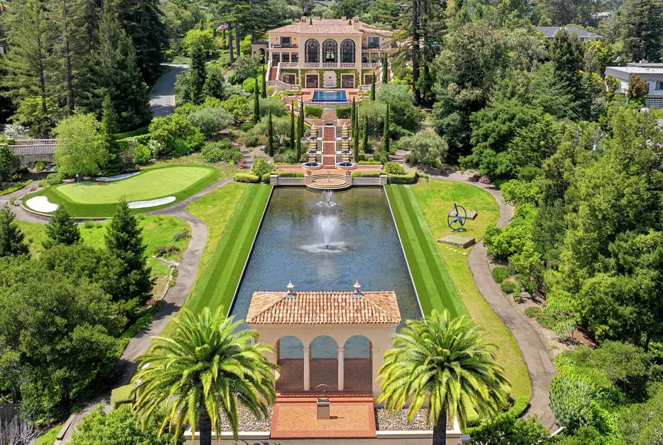 Northern California record home sale 2026: the Villa de Verano estate in Hillsborough, with reflecting pool, fountains and putting green