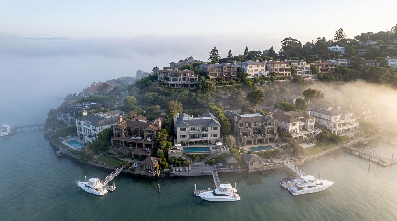 Aerial view of luxury waterfront homes in Marin County, California